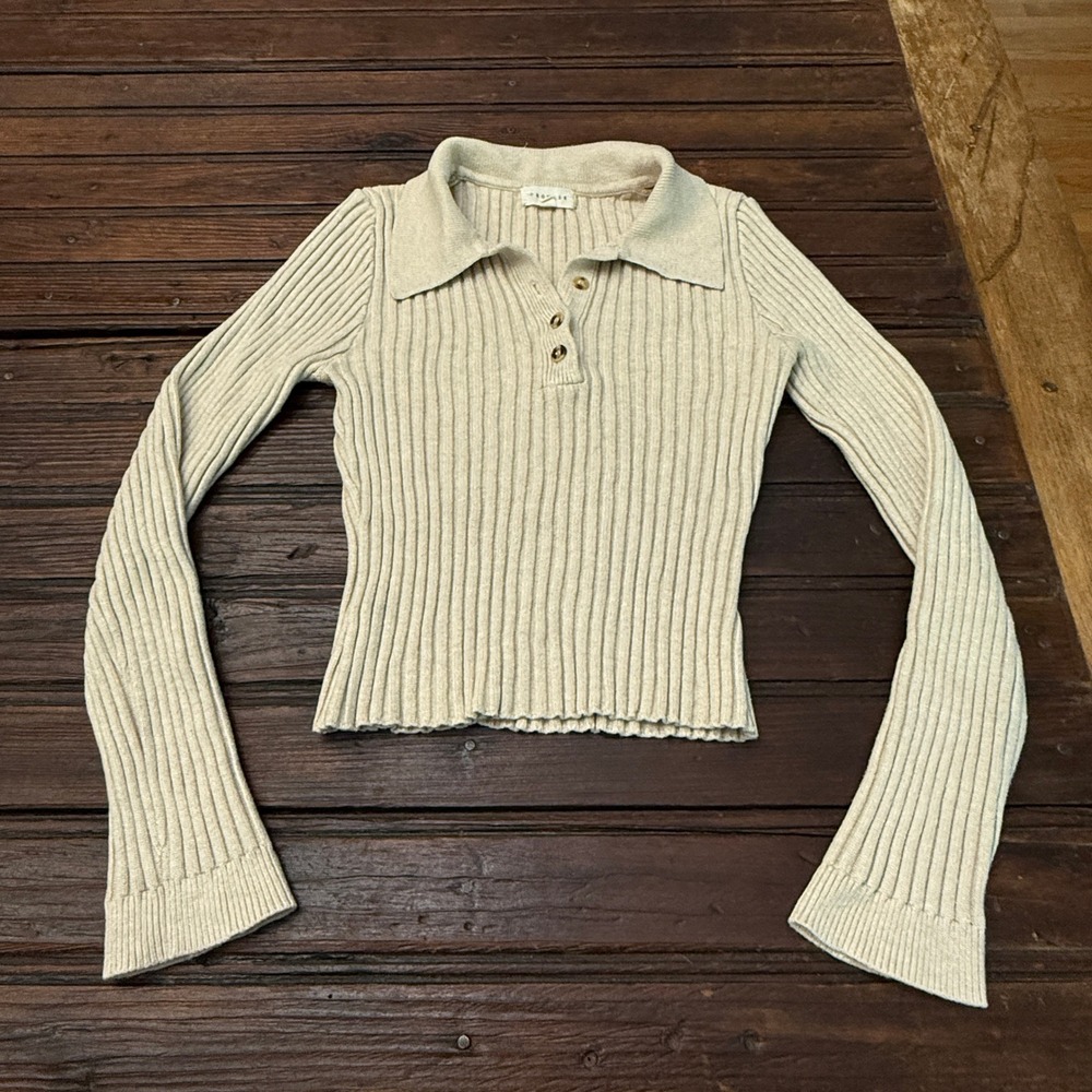 Promesa Ribbed Knit Polo Sweater Beige Long Sleeve Henley Top Small